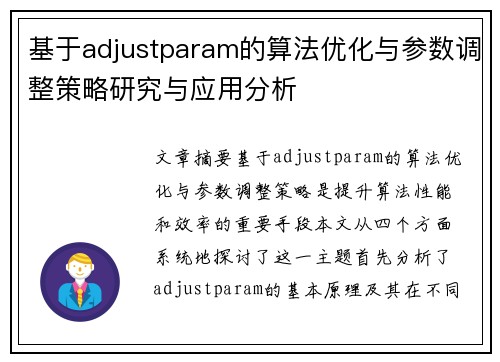 基于adjustparam的算法优化与参数调整策略研究与应用分析