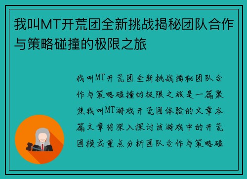 我叫MT开荒团全新挑战揭秘团队合作与策略碰撞的极限之旅